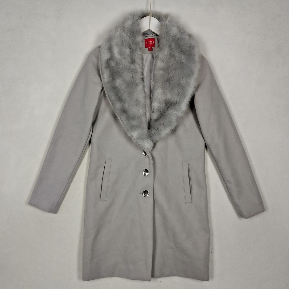 Guess Los Angeles Grey Faux Fur Collar Button Front Mid-Length Coat Womens XS